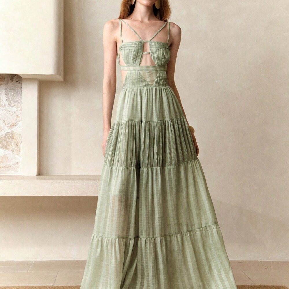 Green Tie-Dye Elegant Women's Flowy Wedding Guest Dress